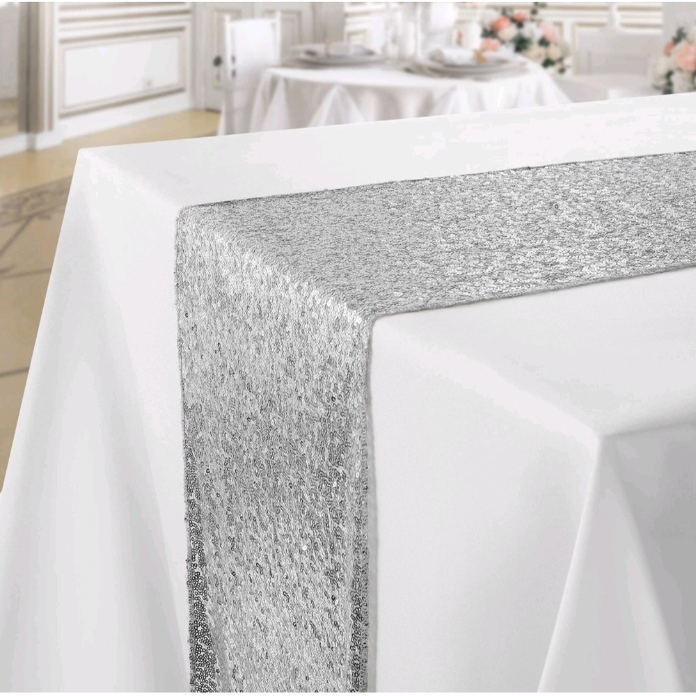 11x73 Silver Sequin Sparkly Table Runner Glitter Tablecloth Cover‎ Wedding Party